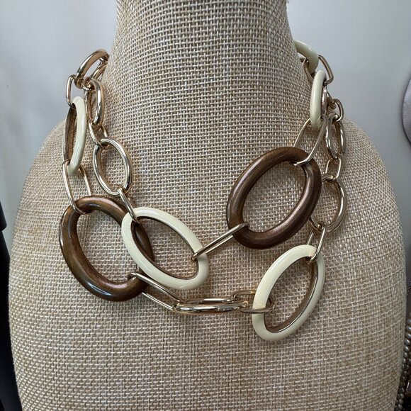 Banana Republic Long Gold-Tone Chain Link Necklace With Cream & Brown Accents - Picture 16 of 16